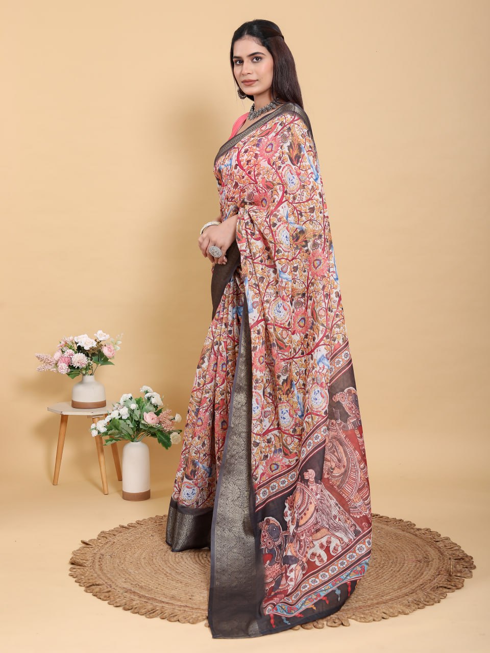 Artistic Pink Linen Cotton Saree | Multi-Print Kalamkari & Fresco Design
